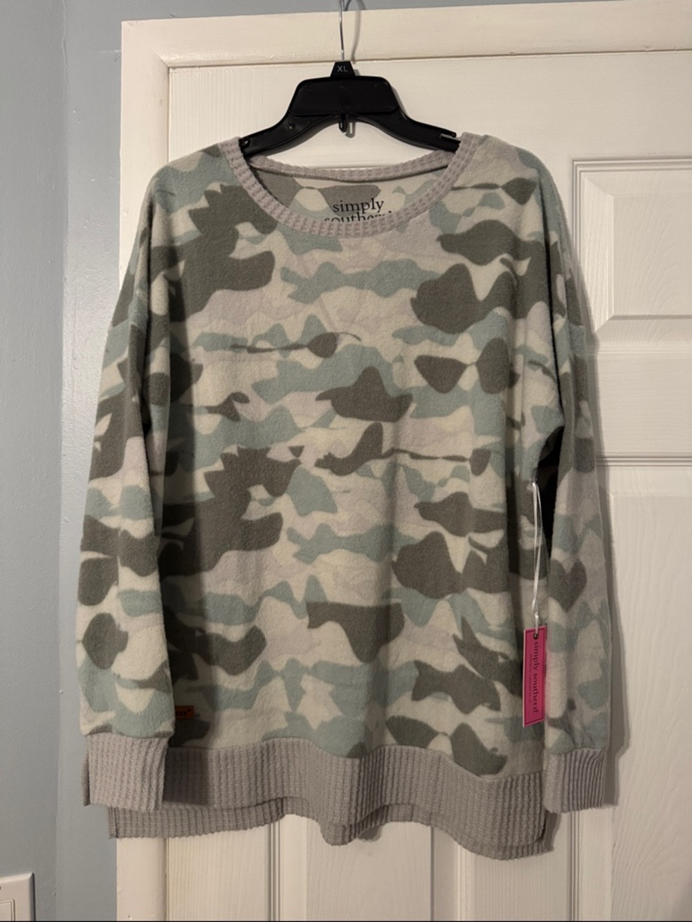 Simply Southern Camo Crewneck Sweater - Sage, Light Gray & Cream